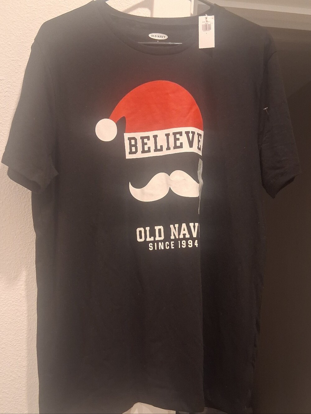 Old Navy Black Tee with Red & White Santa Graphic